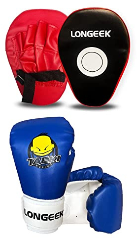 longeek Kids Boxing Gloves 4oz Junior Cartoon Training Sparring Punch Bag Mitt for Child Age 3 to 12 Years (Red Pad Blue Gloves)