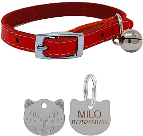 Katzenhalsband aus echtem Leder, mit Sicherheitsgummi und Glöckchen, mit personalisierbarer Gravur, Rot