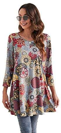 Enmain Dam vardaglig tunika topp 3/4 långärmad långärmad blus damer swing tunika topp lös blus t-shirt rund hals stretch bekväm semester, Grå/Gul/Röd, XXL