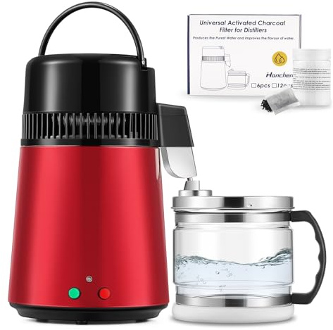 Hanchen Destilador de Agua 4L Acero Inoxidable Purificador de Agua con Jarra de Vidrio 1L/H Máquina de Agua Destilada para Hogares Laboratorios Industrias (Rojo)