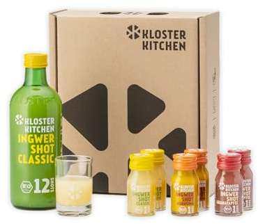 Kloster Kitchen Ingwer Shot Probierset S I 1x 360 ml + 6x 30 ml mit echten Ingwerstückchen I Geschenkset Bio Ingwershot vegan I süß-scharf & mit natürlicher Süße (inkl. 0,25€ EINWEG Pfand)