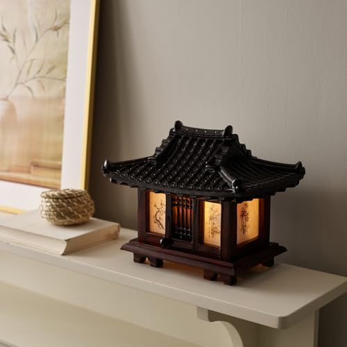 Antique Alive Traditional Korean Wood Lamp | Handmade Asian Oriental Table Lantern | Bedside Bedroom Accent Light | Unique Gift Idea | Pagoda Design (Brown) (Hanok)