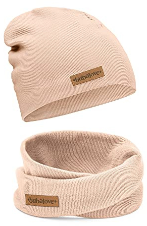 Bubalove Mützen und Schals für Jungen, Mädchen, Babys, Größen 1 Jahr bis 8 Jahre+ viele Farben, Baumwolle Kinderset Mütze und Schornstein, Baumwollmützen, (beige, 4-8 Jahre (46-52 cm))