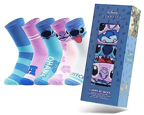 Disney Polpaccio Calzini Donna EU 35-41, Pacco da 5 Morbido Novità Calze, Calzini Caldi Donna, Idea Regalo Accogliente (35/41 EU, Rosa/Blu Stitch)