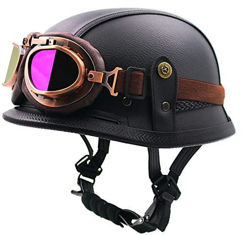HZIH Portatile Mezzi Caschi Jet retrò Casco Scodella Moto Casco con Occhiali,Classic Jet Aperto Caschi,Scooter Caschi Scodella Motorino Mezzo Casco DOT/ECE Certificazione B,L=59-60cm