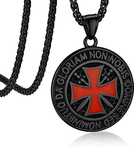 Bandmax Tempelritter Halskette Edelstahl Männer Amulett Kette Wasserfest | Templer Dog Tag/Schild Kreuzritter Kettenanhänger für Männer, Silber/Schwarz, Amulett Geschenk für Freund Ehemann
