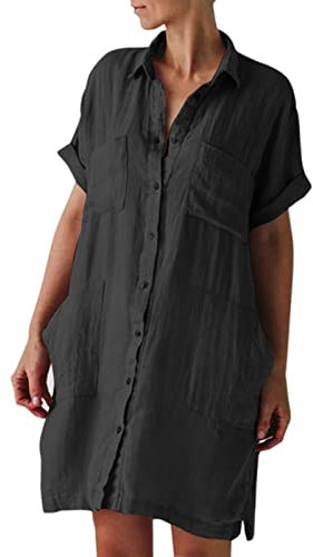 Kleider im 50er-Jahre-Stil für Damen, Sommerkleid für Damen, Baumwolle, kurze Ärmel, unregelmäßige Tasche, Hemdkleid, großes Kleid, Schwarz , XXL