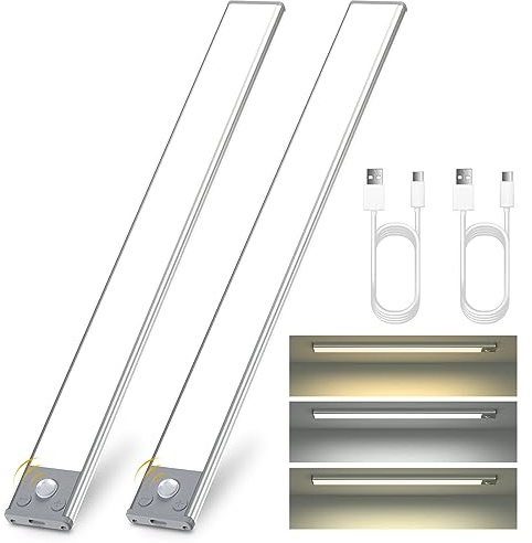 Starxing Schrankbeleuchtung mit Bewegungsmelder 2 Stück, 1100 mAh Aufladbar Nachtlicht Bewegungssensor Lichtleiste Dimmbar, 40CM Kabellose Unterbauleuchte LED Sensor Licht für Treppe Schlafzimmer