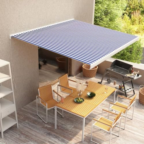 TerassenüBerdachung,Gelenkarmmarkise Manuelle Kassetten-Markise 350x250 cm Blau Und WeißIdeal FüR Den Einsatz Im Freien, FüR TüRöFfnungen, Terrassen, Balkone Und Fenster