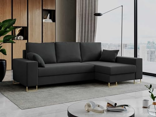 MKS MEBLE Ecksofa Dorian L-Form, Wohnlandschaft mit Schlaffunktion & Bettkasten, Schlafsofa mit Kissen, Couch mit Schlaffunktion - Bezug Samt (Velvet), Farbe Dunkelgrau