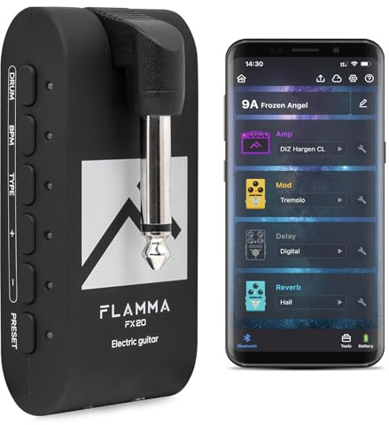 FLAMMA FX20 Gitarren-Kopfhörer-Verstärker mit APP, 40 Drum-Rillen, 52 Ampere-Modi, 5 Verzögerungen, 5 Reverb-Effekte, 14 Modulationen für Übungsaufnahmen und Kreativität