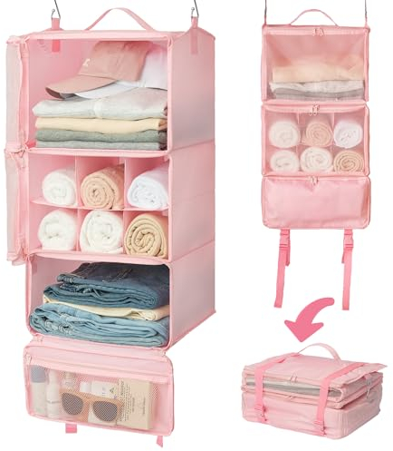 GRANNY SAYS 3-Shelf Hanging Travel Organizer, Portable Travel Shelves, Instant Wardrobe for Suitcase, Packing Cubes for Closet Storage, Pink Compression Hanging Clothes Organiser