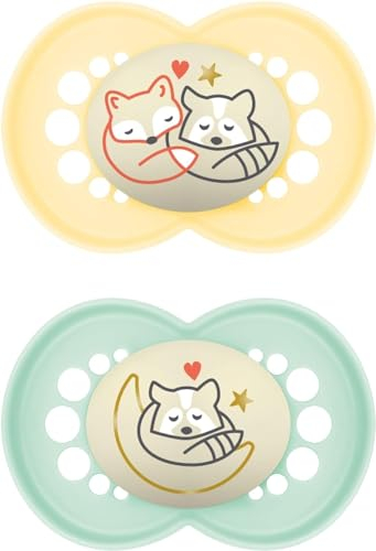 MAM Original Night Soothers | 16 Plus Months | 2 Pack | Glow in The Dark Dummies | Comes in Dummy Steriliser Case | Sustainable Materials | Baby Accessories | Cream (Various Designs)