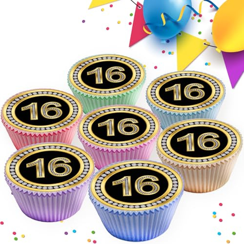 30 x 16TH BIRTHDAY AGE 16 16TH ANNIVERSARY BLACK & GOLD EDIBLE ICING 3.8 cms CUPCAKE TOPPERS DECORATIONS