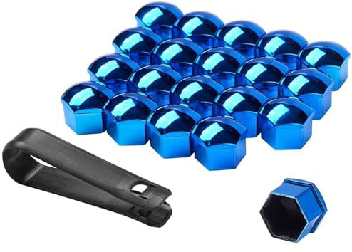 ZXAJDWNU 20 Stück Auto Radschraubenkappen Für Renault Captur Clio Kadjar Koleos, Sechskant-Reifenmutterabdeckungen Diebstahlschutz Felgenabdeckung Mit Demontagewerkzeug Zubehör,E/Blue-21mm