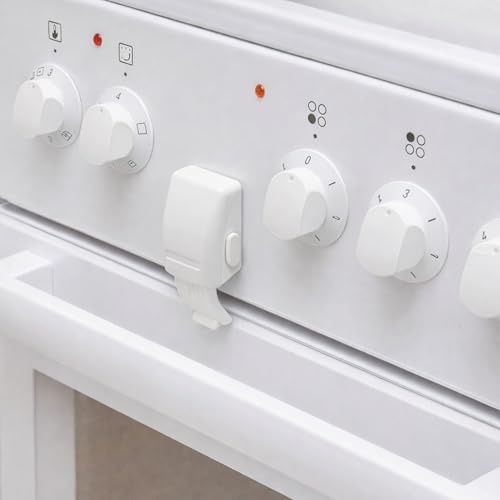 Herdtür Kindersicherung, 2 Stück, in Weiß, Backofensicherung mit Hitze-resistentem Kleber, Doppel-Druck-Knopf, Rückstands-los entfernbar, Backofentür Sperre zum Kleben, Herd Ofentür Babysicherung