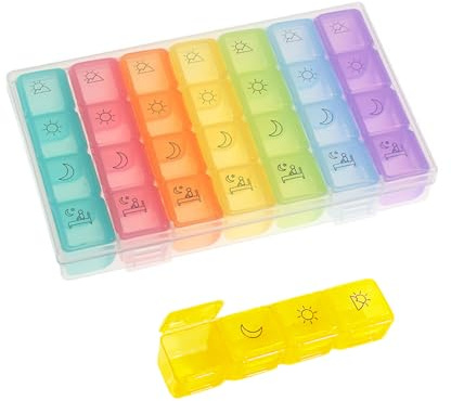 Oneyijun Tablettenbox 7 Tage Morgens Mittags Abends Medikamentenbox 4 Fächer Pillendose Tragbare Feuchtigkeitsbeständiger für Medikamente Vitamine Fischöl Nahrungsergänzungsmittel usw (Farbig)