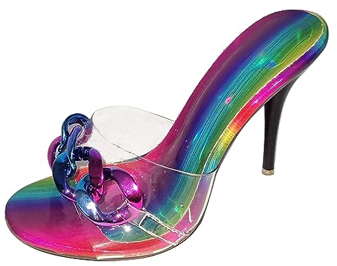 Minishion Dam Stiletto Mules sandaler Slip-on sommar casual klänning skor med dekoration, Tm006 transparent färgglad, 41.5 EU