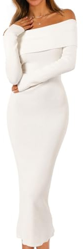 MEROKEETY Vestido de Invierno para Mujer, con Hombros Descubiertos, Formal, Manga Larga, Elegante, para cóctel, Fiesta, Midi, maxivestido, Blanco, XL