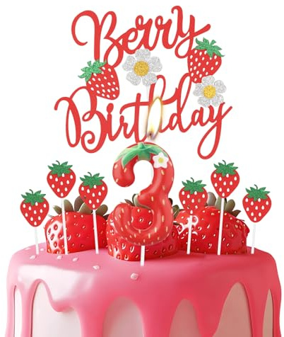 Erdbeere 3 Geburtstagskerzen, rote Erdbeere Nummer 3 Kerze für Kuchen, rote Beere Geburtstagskuchenaufsätze mit weißen Blumen, Erdbeer Themen für Mädchen und Jungen 3rd Geburtstag Dekorationen