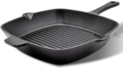 HENSSLERS® Grillpfanne Gusseisen [26cm] - Grill Pfanne für alle Herdarten & Backöfen inkl. Gasgrill & Induktionsherd - Beschichtete Antihaft Steakpfanne - Viereckige Induktion Gusspfannen für Grill