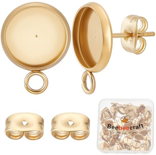 Beebeecraft 1 Box Mit 50 Ohrstecker Rohlingen 304 Cabochon Fassungen Aus Edelstahl Für Ohrstecker Mit Schlaufe Zum Selbermachen von Ohrringen (Fach: 10mm).