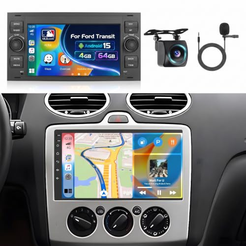 Inefala Autoradio für Ford Transit Fiesta Focus Galaxy Mondeo Fusion Kuga | Android 15,4G+64G,7 Zoll TouchScreen mit CarPlay & Android Auto,Navi,GPS,WiFi,FM/RDS,Bluetooth 5.0,EQ,SWC,Rückfahrkamera,MIC