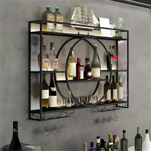 KEPMOGOH Modern Wall Mounted Wine Rack, Metal Wine Bottle Rack, Glass Rack Iron Display Stand, Wine Holder With Shelves, Champagne Stemware Glass Storage Rack For Bar Restaurant (Black, 140CM/55IN)