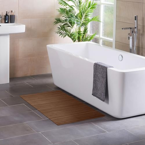 DE-COmmerce Badteppich aus Bambus Lines Taupe 60 x 100 cm Badematte Badvorleger Duschmatte rutschhemmend