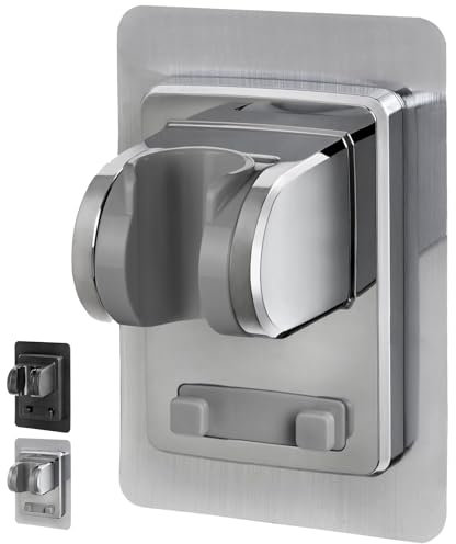 Souvik Supporto per soffione doccia senza foratura e supporto saliscendi doccia angolo regolabile adesivo resistente installazione facile universale per doccia e bagno Argento
