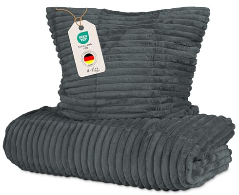 Level One Bettwäsche-Set 4-teilig 135 x 200 cm anthrazit, für den Alltag | Plüsch Wendebettwäsche Cordoptik mit Kissenbezug 80 x 80 cm, Öko-Tex Standard 100, Polyester mit Reißverschluss