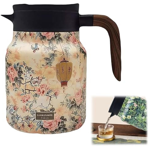 Stonivislyt Tee Thermoskanne Mit Vintage Blumenmuster, 1000 Ml Isolierter Teekessel, Isolierte Vintage Teekanne Mit Integriertem Tee Ei, Blumen Teekanne Aus Edelstahl, Für Zuhause, Wohnung，Büro