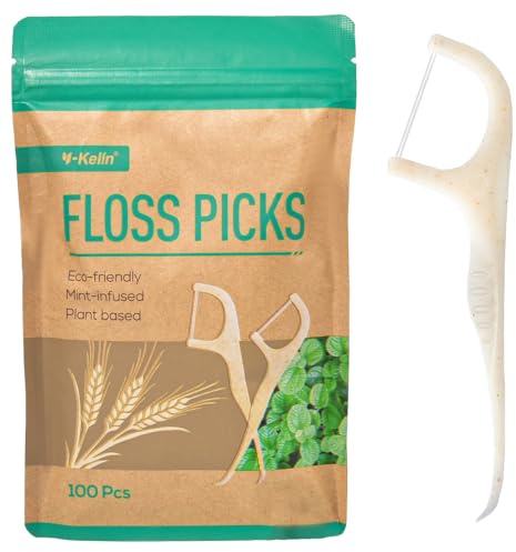 Y-Kelin Twin-Line Dental Floss Stick -100 Pcs Eco-Friendly Wheat Straw Floss Picks, Dental Floss, Teeth Cleaning,Sustainable & Reusable, Vegan & Cruelty-Free