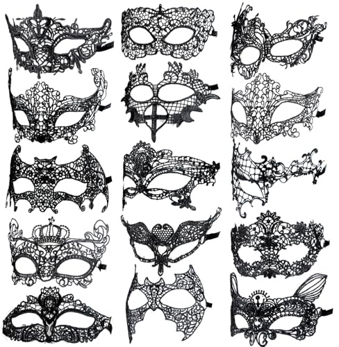 LOMIMOS 15 Stück Maskerade Masken，Schwarz Sexy Lace Augenmaske für Frauen Gothic Maskerade Gesichtsmasken für Halloween Karneval Party Kostüm Cosplay