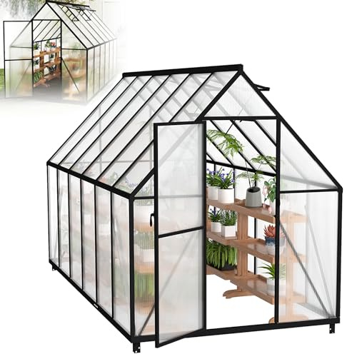 XMTECH Serre en aluminium 280 x 180 x 195 cm avec plaques alvéolaires en polycarbonate de 4 mm – Résistant aux UV, aux intempéries et aux tempêtes – Avec porte, 2 fenêtres de toit et fondation en