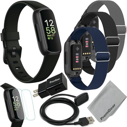Fitbit Inspire 3 Health & Fitness Activity Tracker (Black) with Workout Intensity, Sleep Tracking, Heart Rate, 3 Nylon Comfortable Watch Bands, Wall Adapter, Screen Shields & Cloth