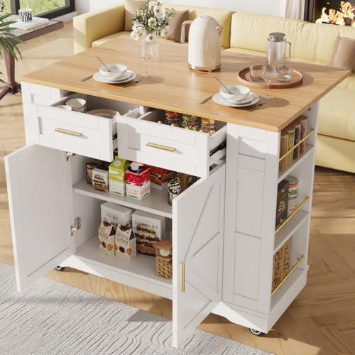 M MIDOULANDEXTYT Moderne Kücheninsel mit Holzmaserung – Multifunktionaler Küchenschrank & Buffetschrank mit Stauraum, Klapptisch & Stretchfunktion – Weiß