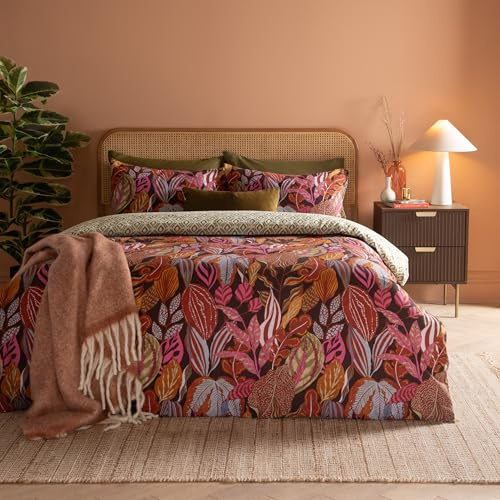 furn. Set copripiumino Utopia – Set di biancheria da letto reversibile in misto cotone con motivo geometrico a foglie tropicali (Bagliore di rame - Super King)