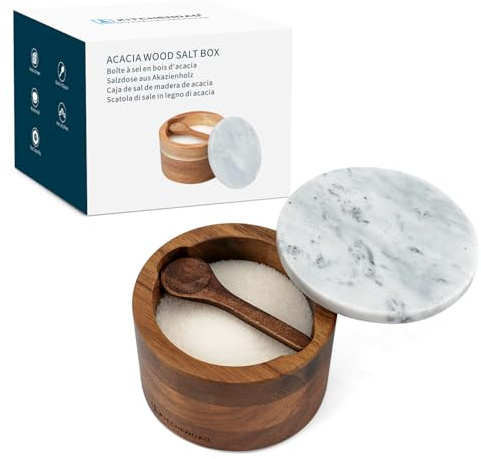 KITCHENDAO Salzstreuer aus Akazienholz mit integriertem Löffel und Marmordeckel, Salzstreuer mit deckel aus massivem Akazienholz, modernem Deckel in Grau und Weiß, 170 ml Fassungsvermögen
