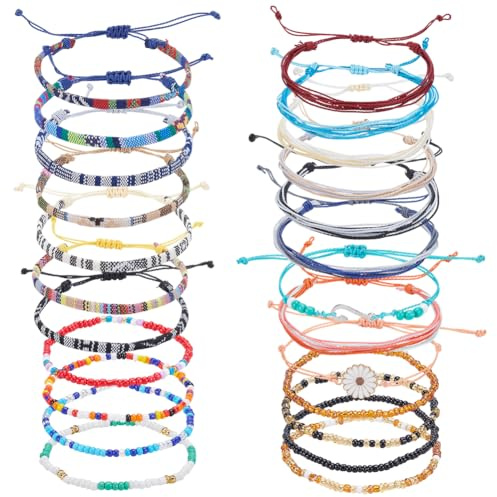 UNICRAFTALE 24 piezas de pulseras de cuerda impermeables y coloridas para mujer, con onda estilo bohemio, ajustables, hechas a mano, trenzadas, pulseras de playa de verano para accesorios de festival