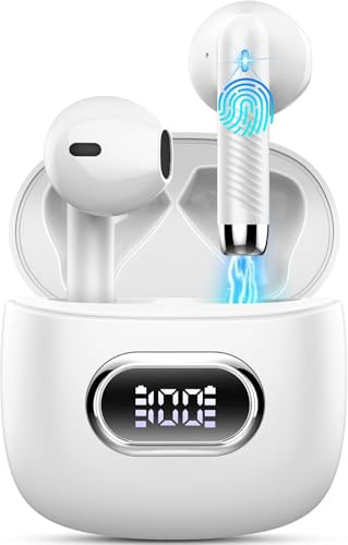 Wireless Earbuds, Bluetooth 5.4 Headphones in Ear with Deep Bass, 42H Bluetooth Earphones ENC Noise Cancelling Mic, 2026 New Ear Buds IP7 Waterproof, Mini Wireless Headphones LED Display, pale white