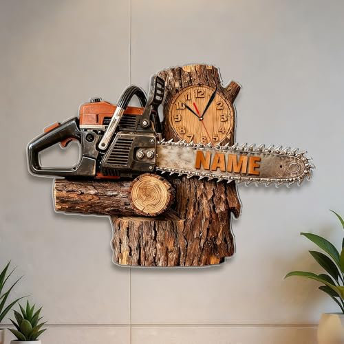 HCLRIU Orologio da Parete Personalizzato a Forma di Motosega, Decorazione per la Casa in Acrilico 2D, Nome Personalizzabile, Regalo di Compleanno Unico per Boscaioli