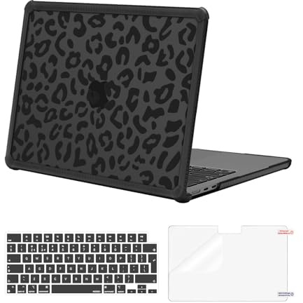 MOSISO Funda Compatible con MacBook Air 13 Pulgadas 2026-2022 M5 A3449 M4 | A3240 M3 A3113 M2 A2681, Antigrietas Diseño Leopardo Alta Resistencia Funda Rígida TPU&Tapa Teclado&Pantalla Protector,Negro