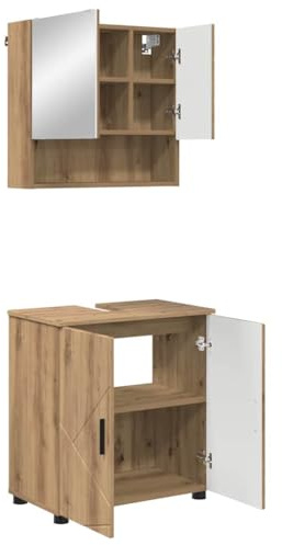 Yisssmeng Lot de 2 meubles de salle de bain en chêne Artisan - En bois et métal - 61 x 35 x 64 cm - Montage mural - Meuble de lavabo moderne avec miroir - Pour petits invités - WC - Salle de bain