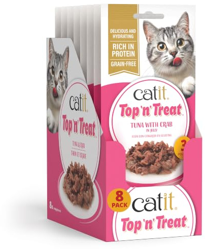 Catit Top N Treat, Wet/Dry Cat Food Topper, Grain-Free Cat Treat Topper, Tuna & Crab Flavour, 8 packs of 3x60g