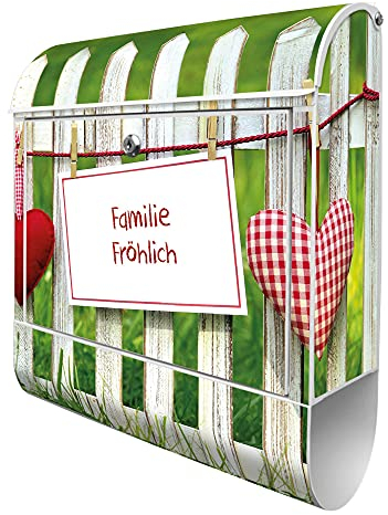 banjado Design Briefkasten personalisiert Motiv WT Gartenzaun 38,5x46,5x13cm & 2 Schlüssel - Briefkasten Stahl Weiß Zeitungsfach pulverbeschichtet - Postkasten A4 Einwurf inkl. Montagematerial