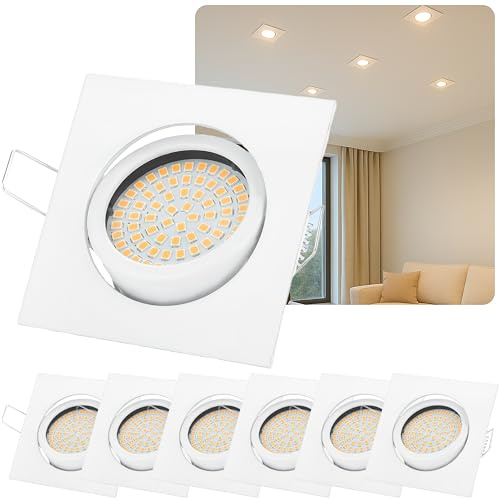 6x LED Einbaustrahler Weiß Eckig 230V Flach Dimmbar (5W 420lumen) – Schwenkbare Deckenspots Warmweiß 3000K – Deckenstrahler LED für Küche & Wohnzimmer