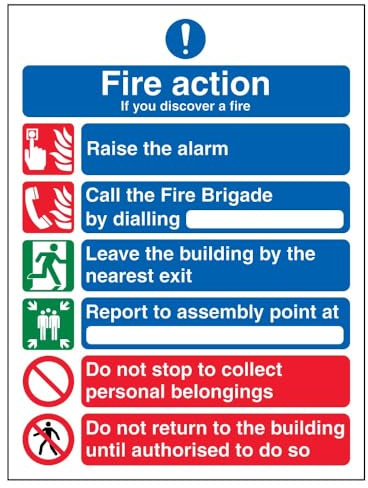 vsafety 12009 an-r Fire Action Sign, allgemeine Fire Action/6 Nachricht, starrer Kunststoff, Porträt, 150 mm x 200 mm x 200 mm, schwarz/blau/grün/rot
