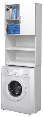 ECD Germany Mobile per Lavatrice Mobiletto da Bagno 63x25x190 cm Armadio Arredo Copri Asciugatrice e WC con 2 Ante, Ripiani, Legno Bianco