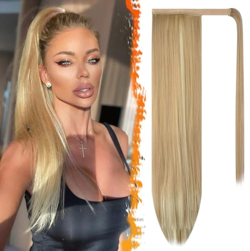 BARSDAR Glattes Wrap Pferdeschwanz Haarteil, 66cm Lang Glattes Wrap Around Pferdeschwanz für Damen Synthetik Clip in Ponytail Haarverlängerungen Zöpfe Haarteil Tägliche - Helles Aschblond Gemischt
